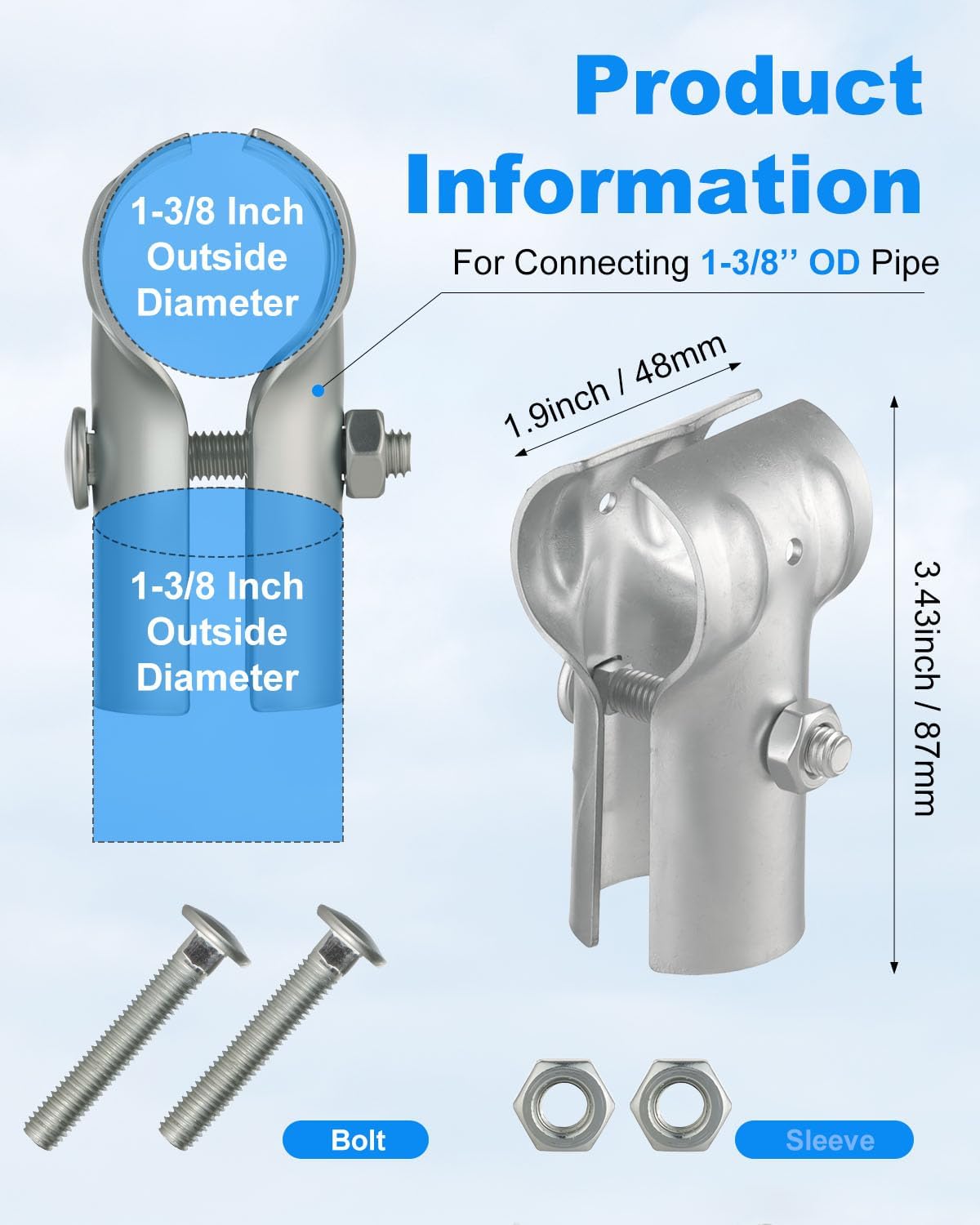 12 Pcs 1-3/8" T Pipe Clamps for Chain Link Fence, Galvanized Steel End Rail Pipe Clamps, Chainlink Fence Parts T Clamp with Bolts & Nuts for Fences, Handrails, Dog Kennels