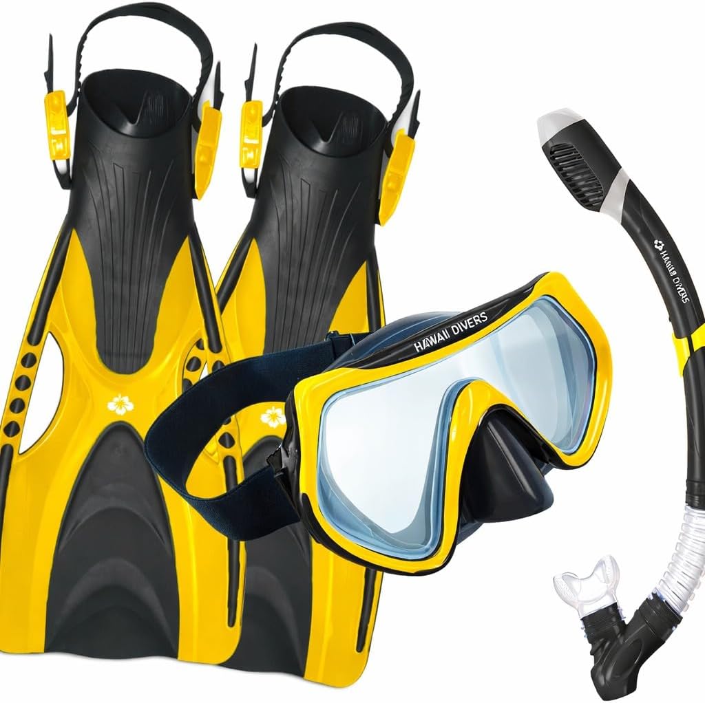 Hawaii Divers Destin Snorkel Set - Tempered Glass Snorkel Mask with Woven Strap, Dry-Top Snorkeling Gear with Silicone Mouthpiece, Adjustable Snorkeling Fins for Adult