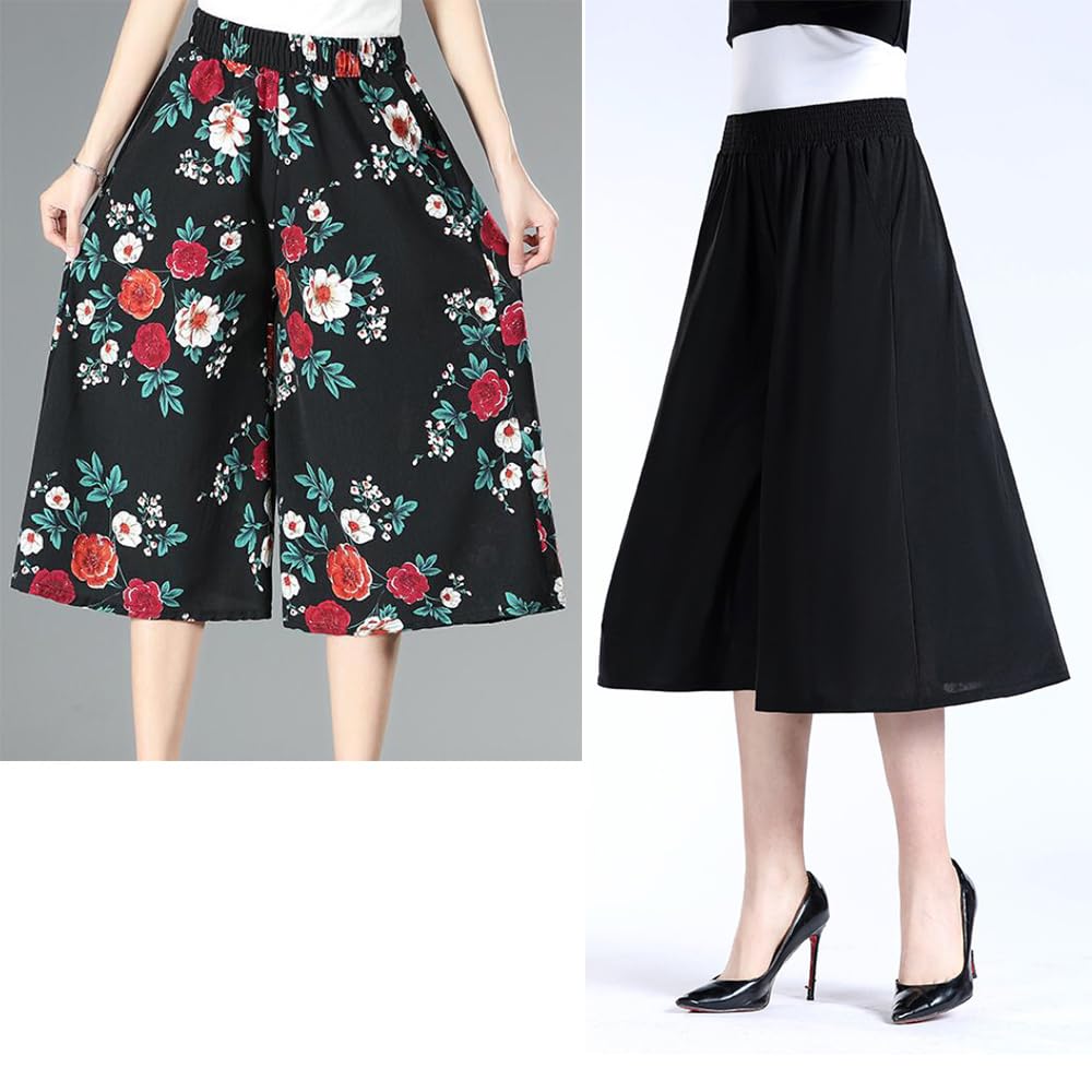 VNDUIFH Rsvelte Pantaloni Gonna,Culotte a Gamba Larga in Chiffon Pieghettato in Vita Alta Elastica da Donna,Culotte a Vita Alta al Ginocchio