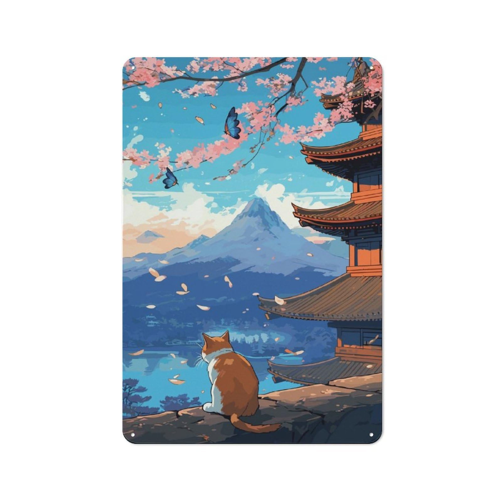 Junmoney Cat Cherry Blossoms Printed Metal Sign 30X20cm For Studio Or Craft Room, A Decorative Gift For A Newly Furnished Studio And Craft Room