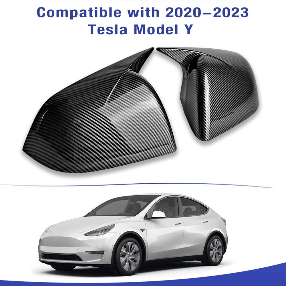 Side Mirror Cover Compatible with Tesla Model Y 2020-2023 - Scratch Proof Mirror Cap, Glossy Carbon Fiber Style, Cow Horn Shaped ABS, 2Pcs