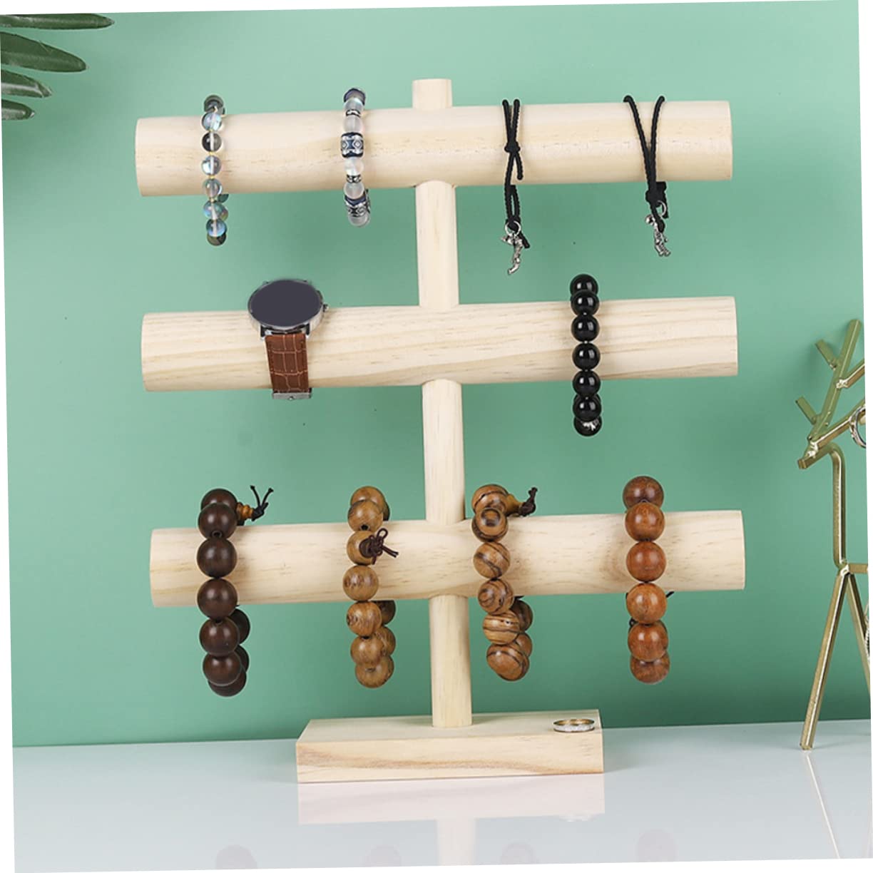 BESPORTBLE Espositore Gioielli Legno Massello Tre Porta Bracciali Orologi e Collane Organizer da Tavolo con Base Antiscivolo per Casa e Negozio