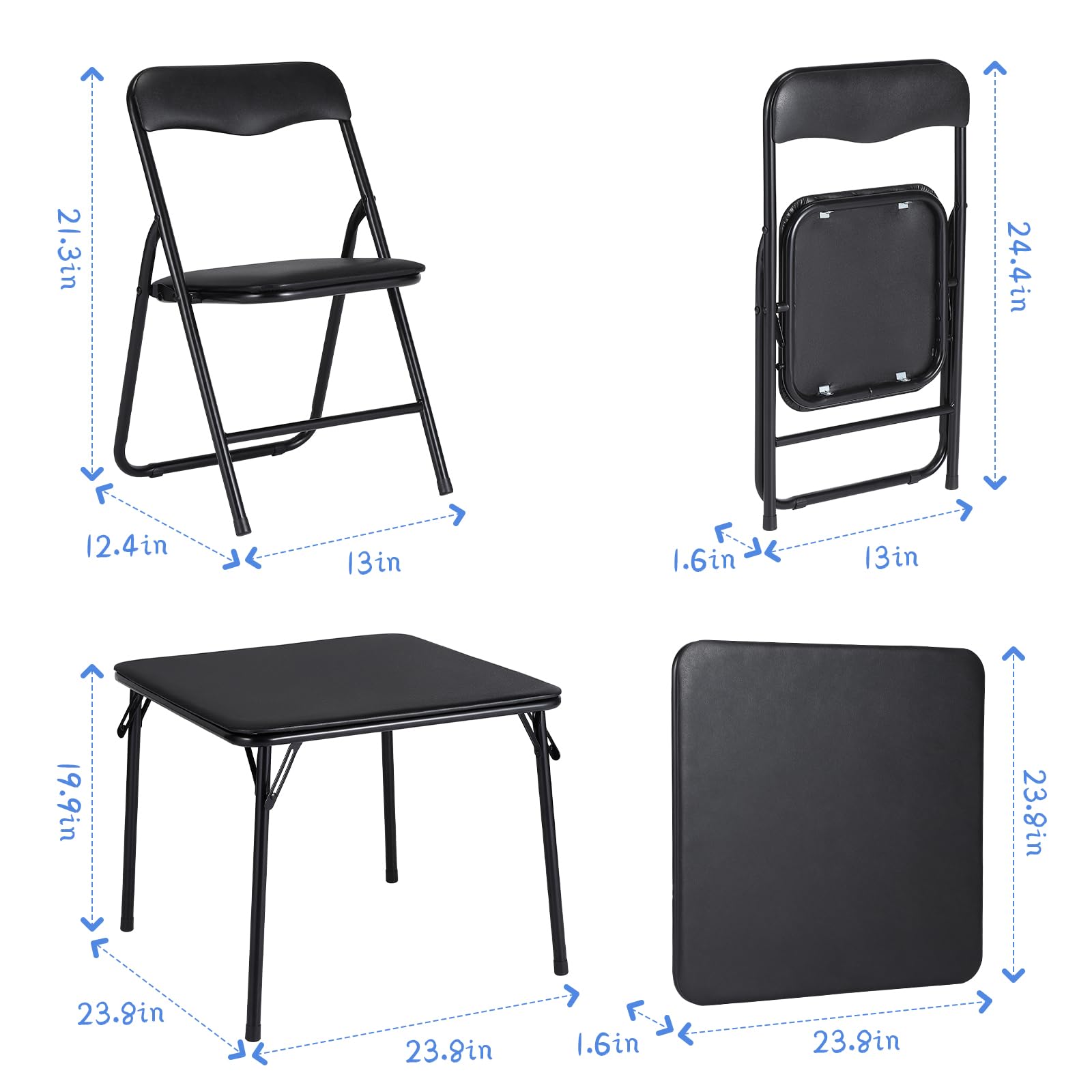 GarveeHome Folding Card Table and Chair Set of 5, Upholstered Foldable Table and Chair Set, Portable Metal Frame Children's Activity Table and Chairs Set for Eating, Reading, Playing, Black