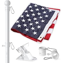 7FT Flag Pole with American Flag for Outside House and Portable Use, Heavy Duty Flagpole Kit with 3x5 Embroidered USA Flag, Tangle Free Steel Pole for Flags with Bracket, White Color