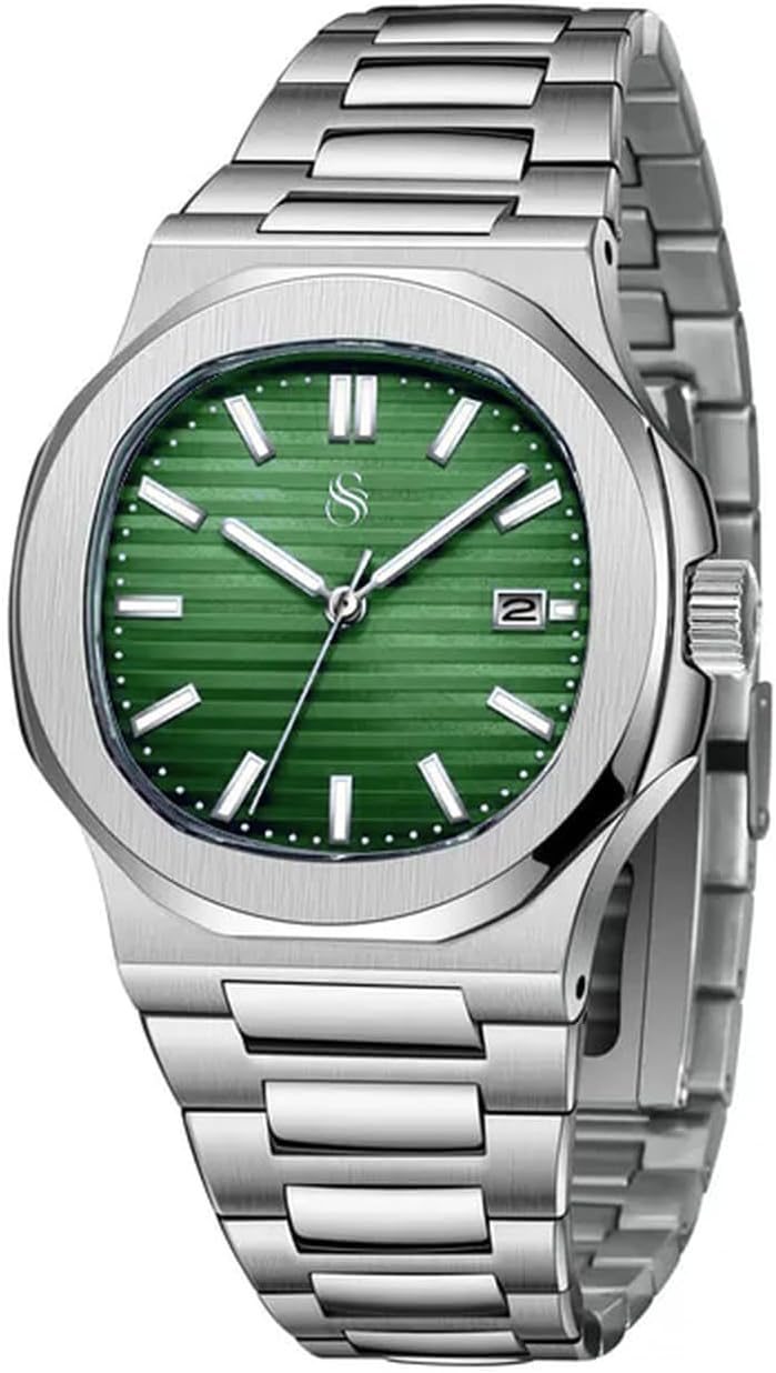 Silver Stainless Steel Analog Square Dial Date Display Wrist Watch for Men -PGNI85
