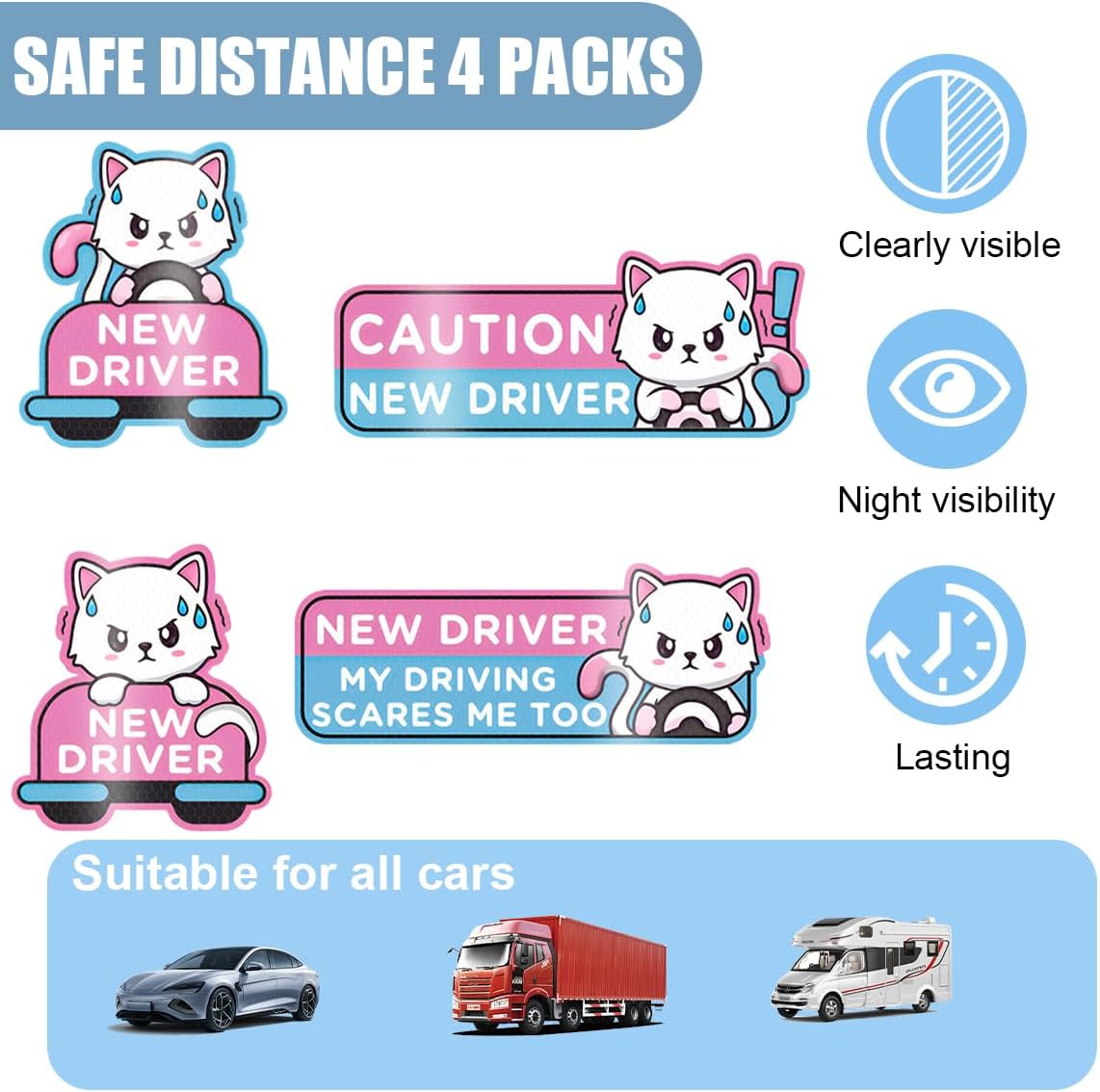 Reflective New Driver Car Magnet, Cute Funny Cartoon Vehicle Student Safety Sign for Bumper, Reusable Auto Exterior Beginner Sticker Accessories, Universal for SUV Sedan Truck (Cat-A) - Image 4