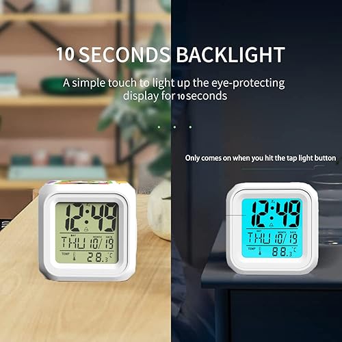 Miniatura 5 de Reloj despertador para niños, botones fáciles de usar, reloj de luz nocturna de 7 colores cambiantes, alarma fuerte, repetición, pequeño y ligero,