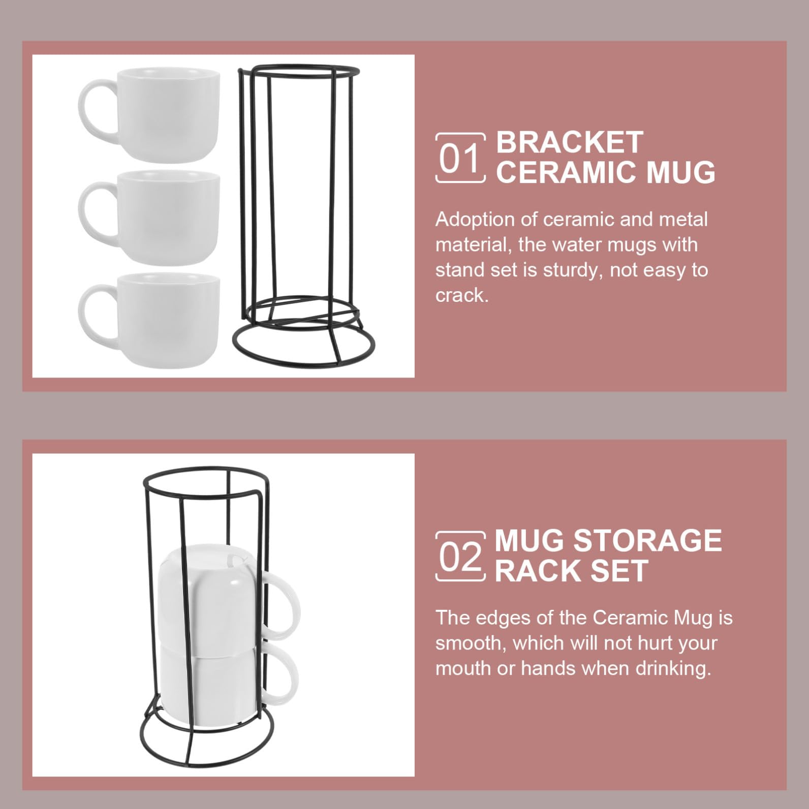 Healeved Juego de Tazas de Café de Cerámica con Soporte de Almacenamiento de Hierro Blanco, Bordes Suaves y Resistentes para Restaurantes y Cafeterías, 1 Set