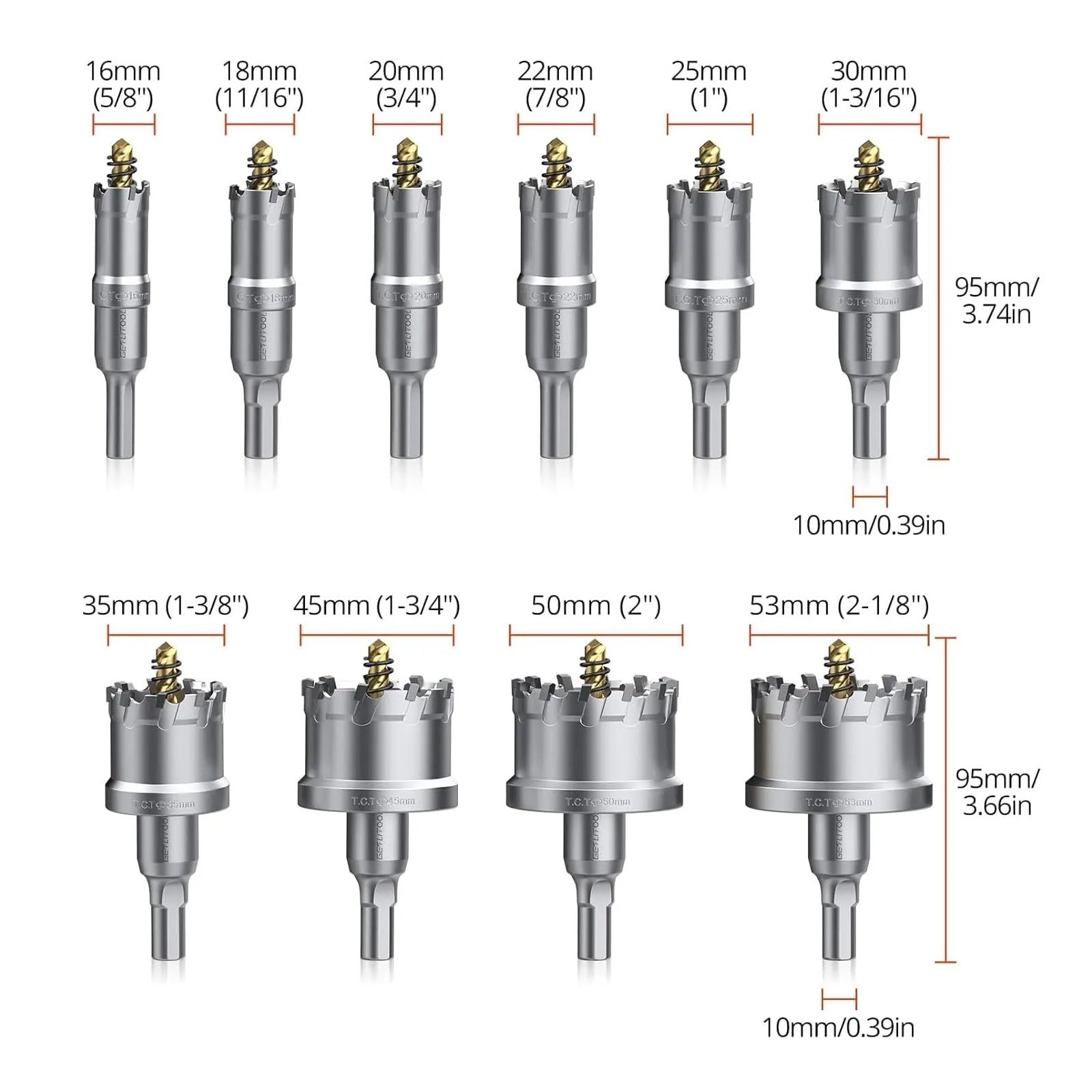 Set di 10 seghe a tazza TCT da 16-53 mm, in carburo for metallo/plastica/ferro, con trapano e chiave inglese