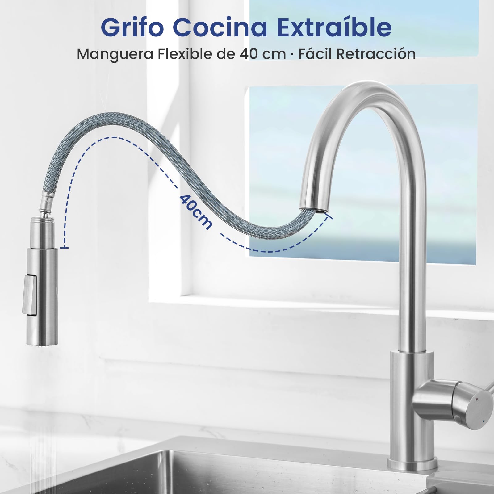 CECIPA Grifo Cocina Extraible, Grifos Cocina Fregadero con 2 Modos Giratorio a 360° Torneira Cozinha Monomando, Acero Inoxidable Cepillado