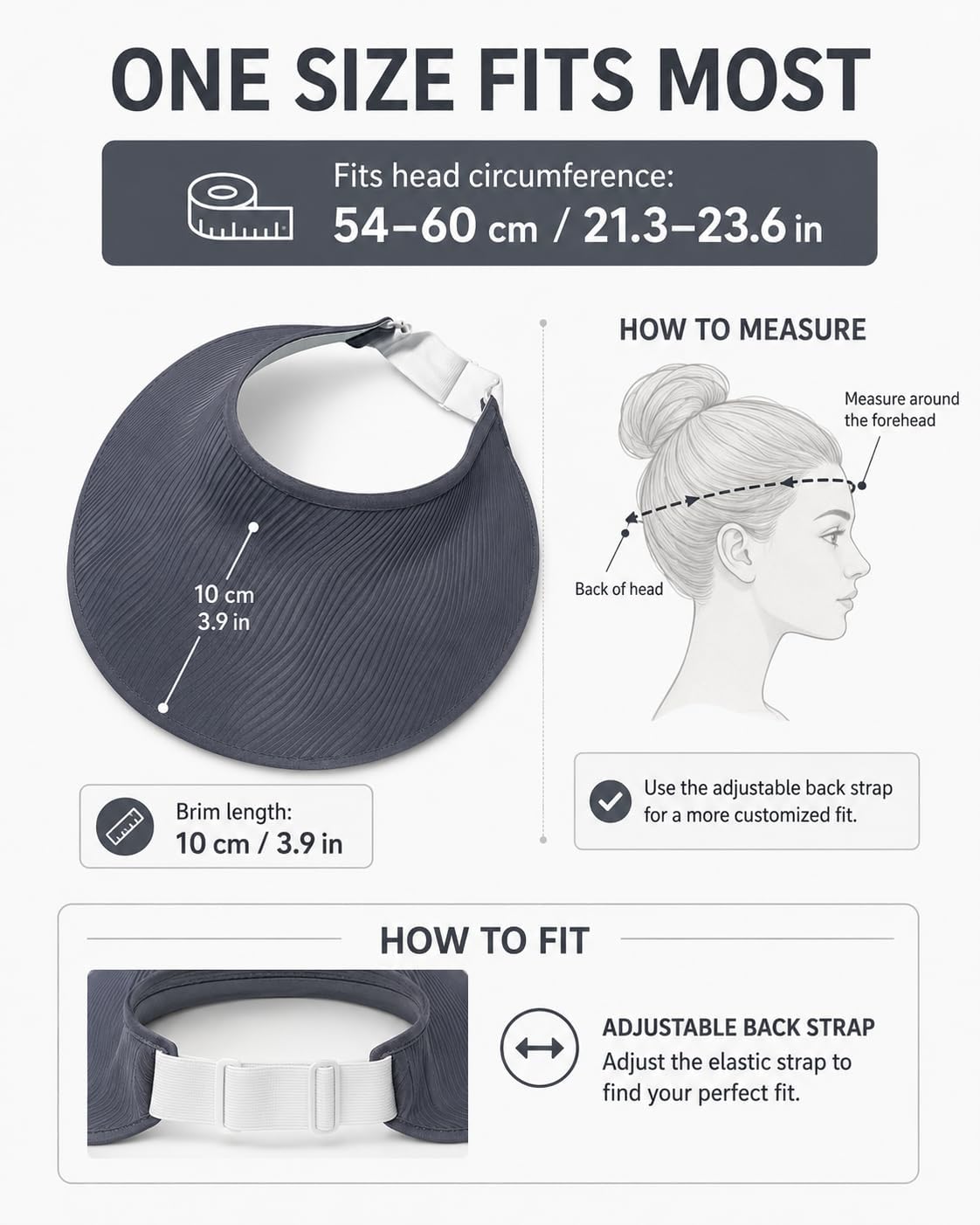 Women’s Sun Visor Hat, Wide Brim Open Top Beach Visor Cap for Ponytail, Adjustable UPF 50+ Summer Hat for Travel, Golf, Tennis, Gardening, Walking, Hiking and Outdoor Dark Grey