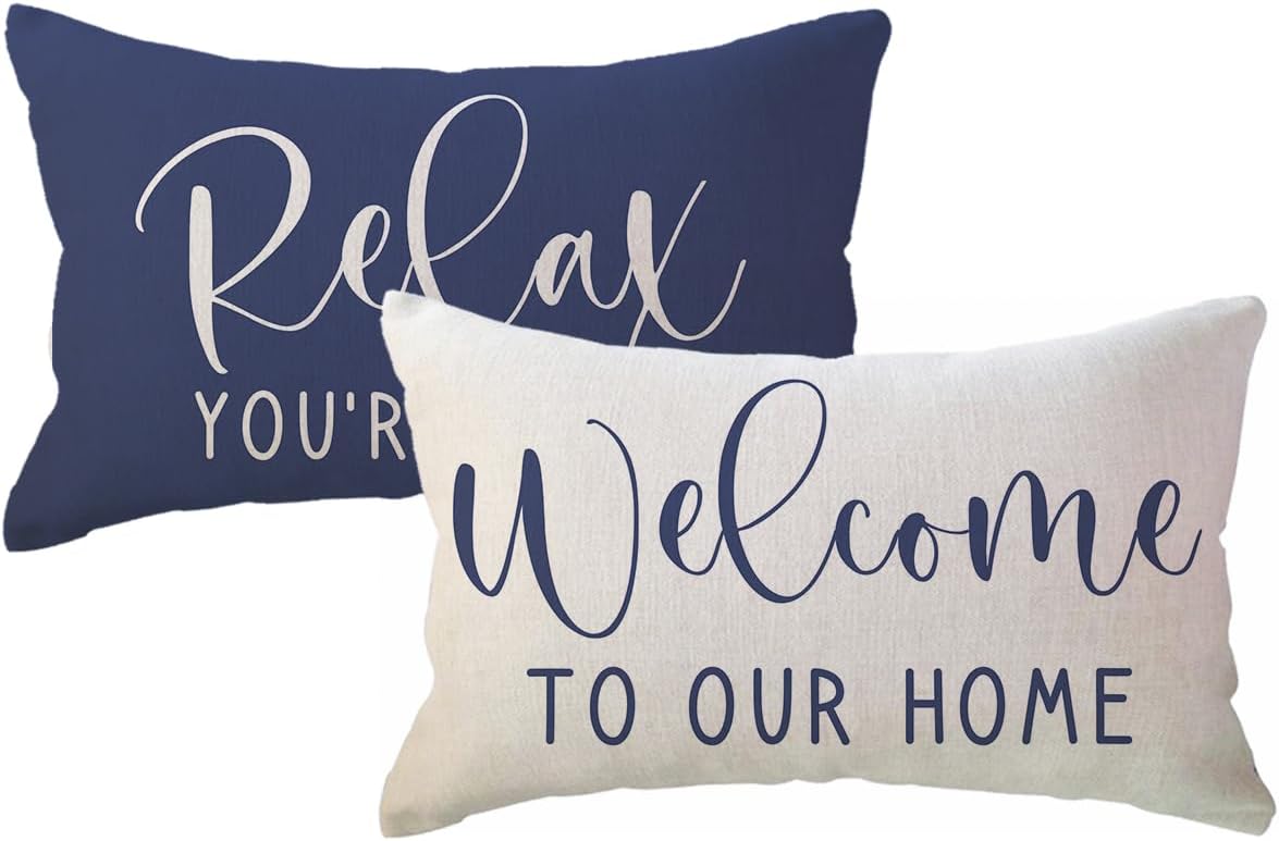 Home Relax Lumbar Throw Pillow Covers Farmhouse Rustic Welcome Decorative Rectangular/Waist Pillowcases 12 x 20 Inch,2Pack Front Porch Decor Cushion Covers (Blue)