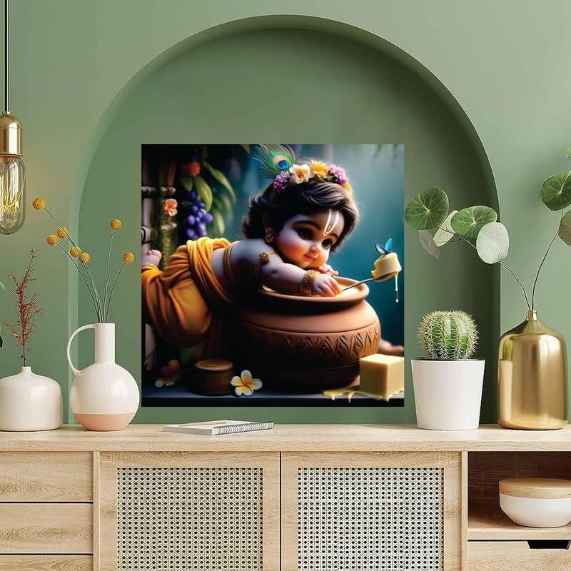 Image of British Terminal Cute little Bal Gopal Baby God Krishna| Kanha Ji | Laddu Lord Makhan Chor Painting Religious Poster for Pregnant Women for wall (matt thin vinyl,sticker,multicolor,unframed)| bj179