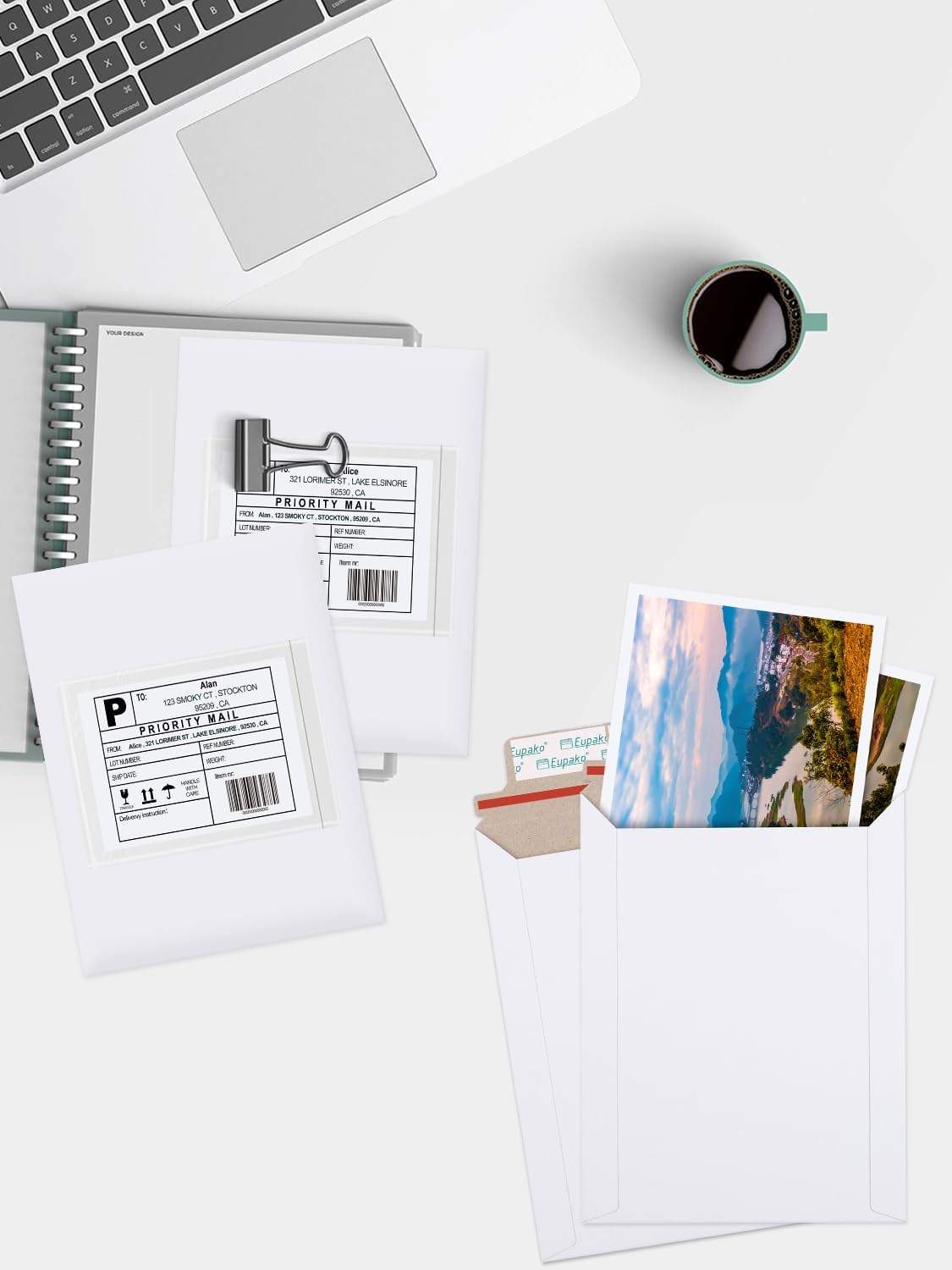 Eupako 100 Pack 6x8 Photo Document Mailer White Stay Flat Self-Seal Cardboard Envelopes for CDs, Pictures, Documents, 6.25 x 8.25 Inches - Image 6