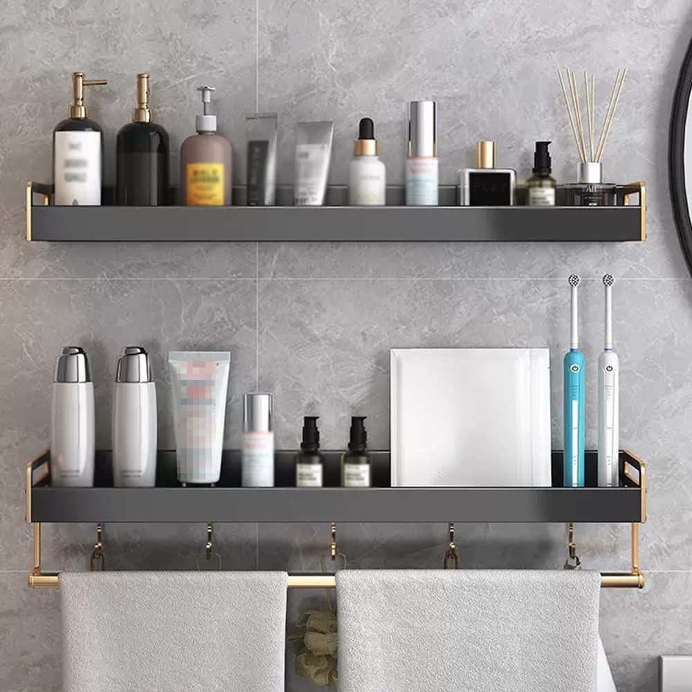 BAHELS Floating Shelves Wall Mounted Space Aluminum Shower Caddy Bathroom Storage Shelf Size 60CM 60CM with Rod