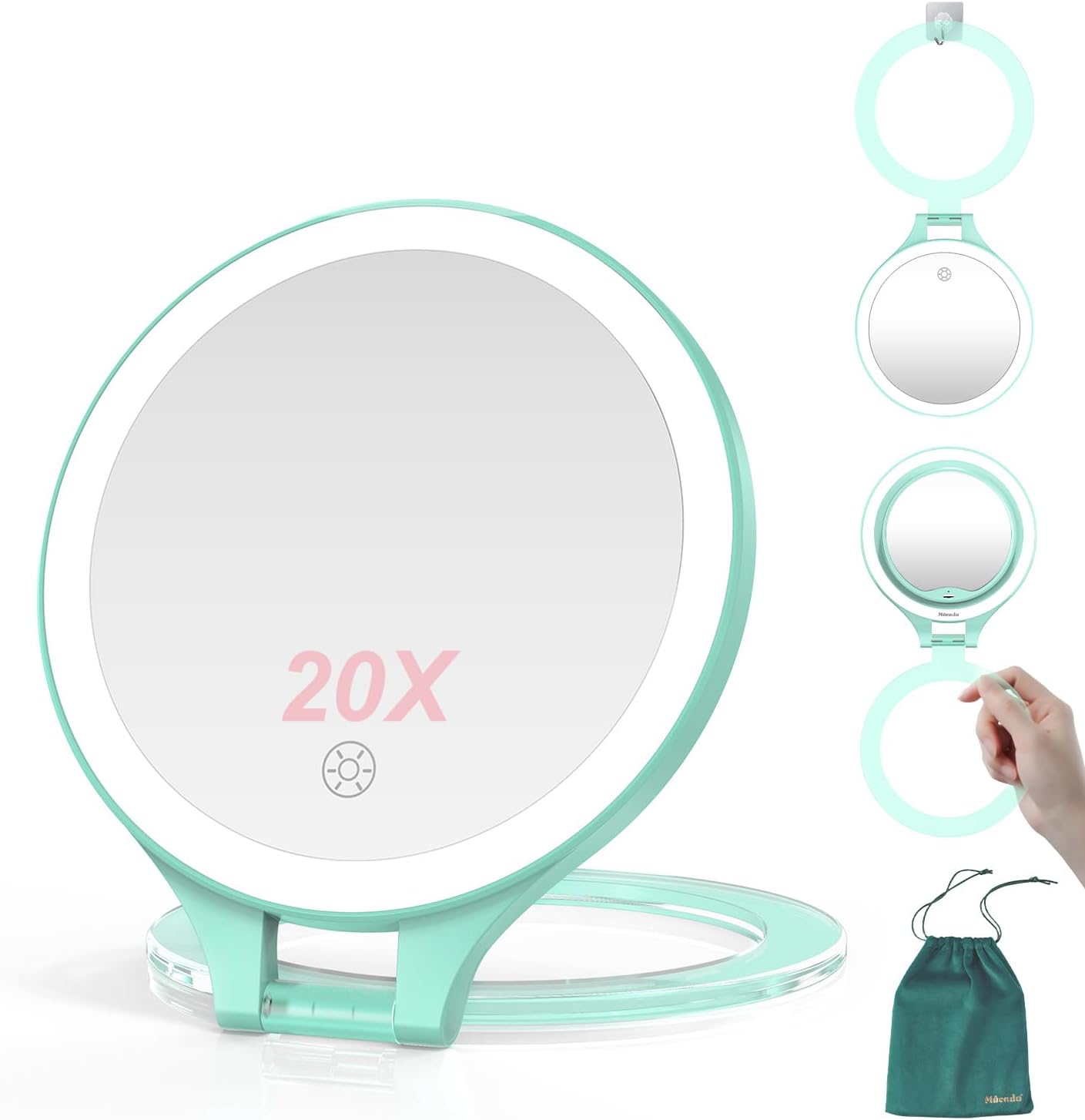 Mocado Travel Makeup Mirror with Light, 1X/20X Magnifying, Double Sided, 3 Color Light, Dimmable Touch, Rechargeable, Tabletop Standing, Green