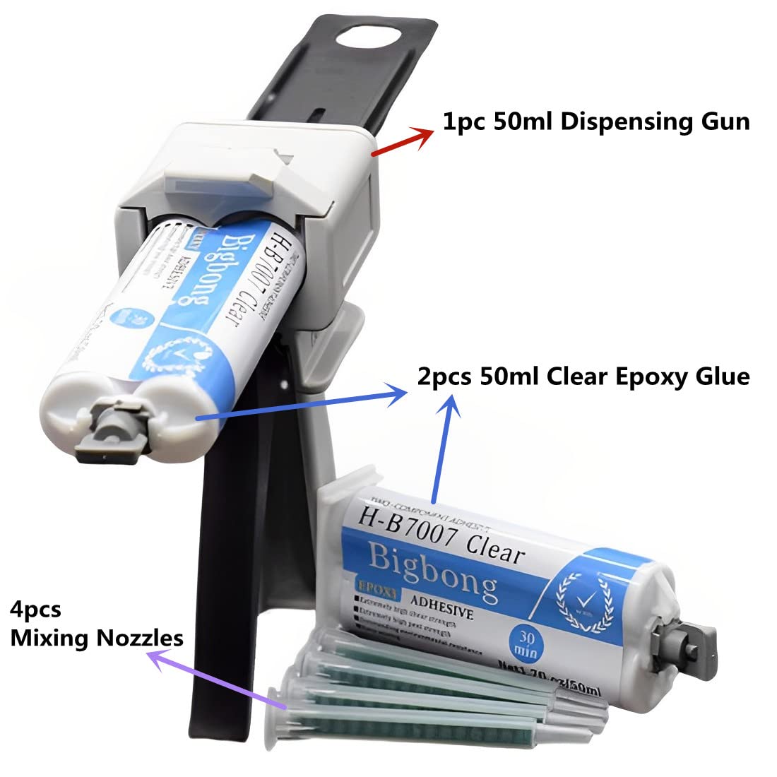 Bigbong Epoxy Adhesive Dispenser Gun + 4pcs Static Mixing Epoxy Nozzles Mixed + 2Pcs 50ml Adhesive Two Part Epoxys Glue 30 Minute Quik-Cure for Stone Tile Wood to Marble Metal Filled Adhesives