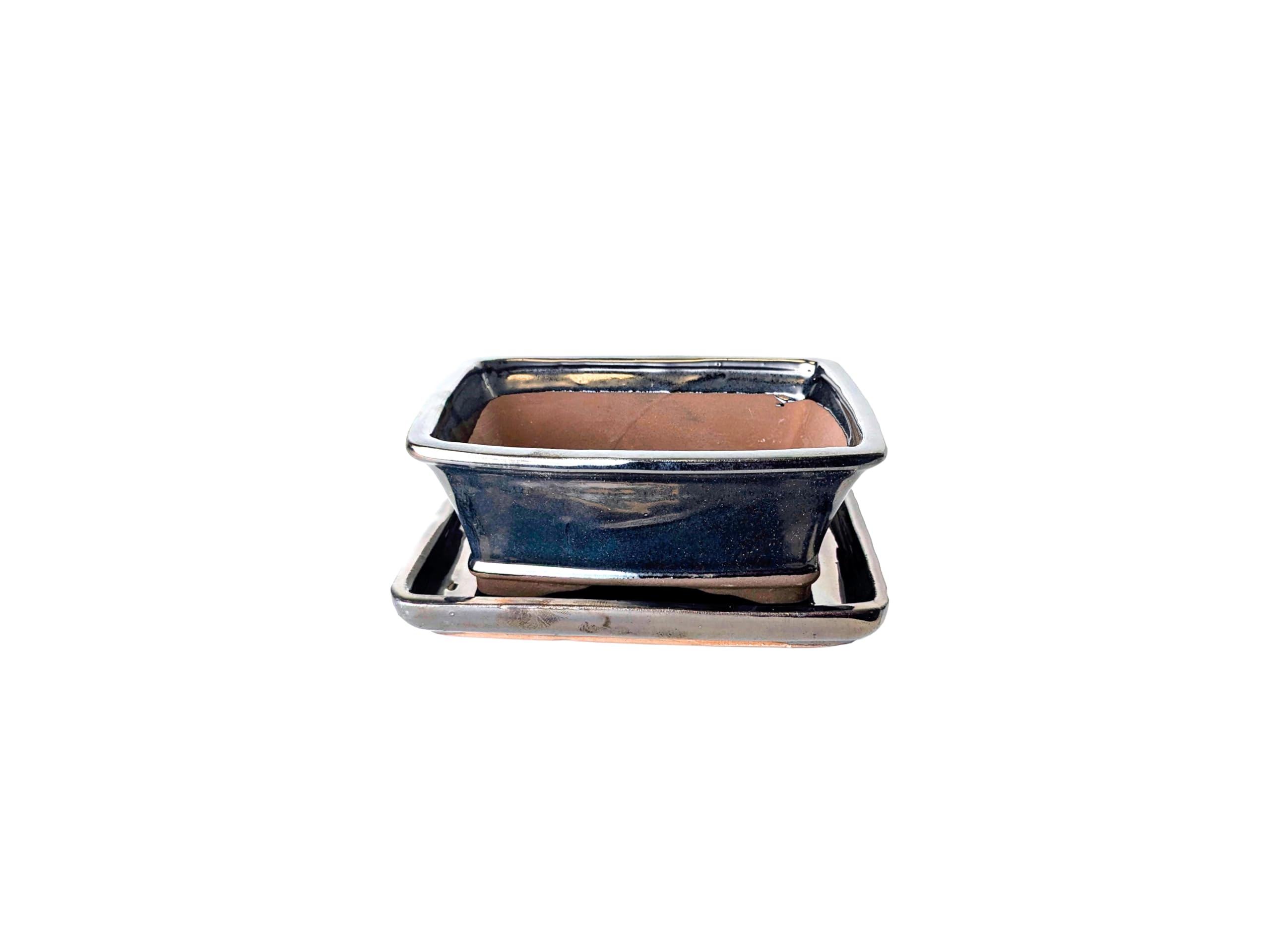 Glazed Ceramic Bonsai Pots with Matching Drip Trays (Grey, 18cm)
