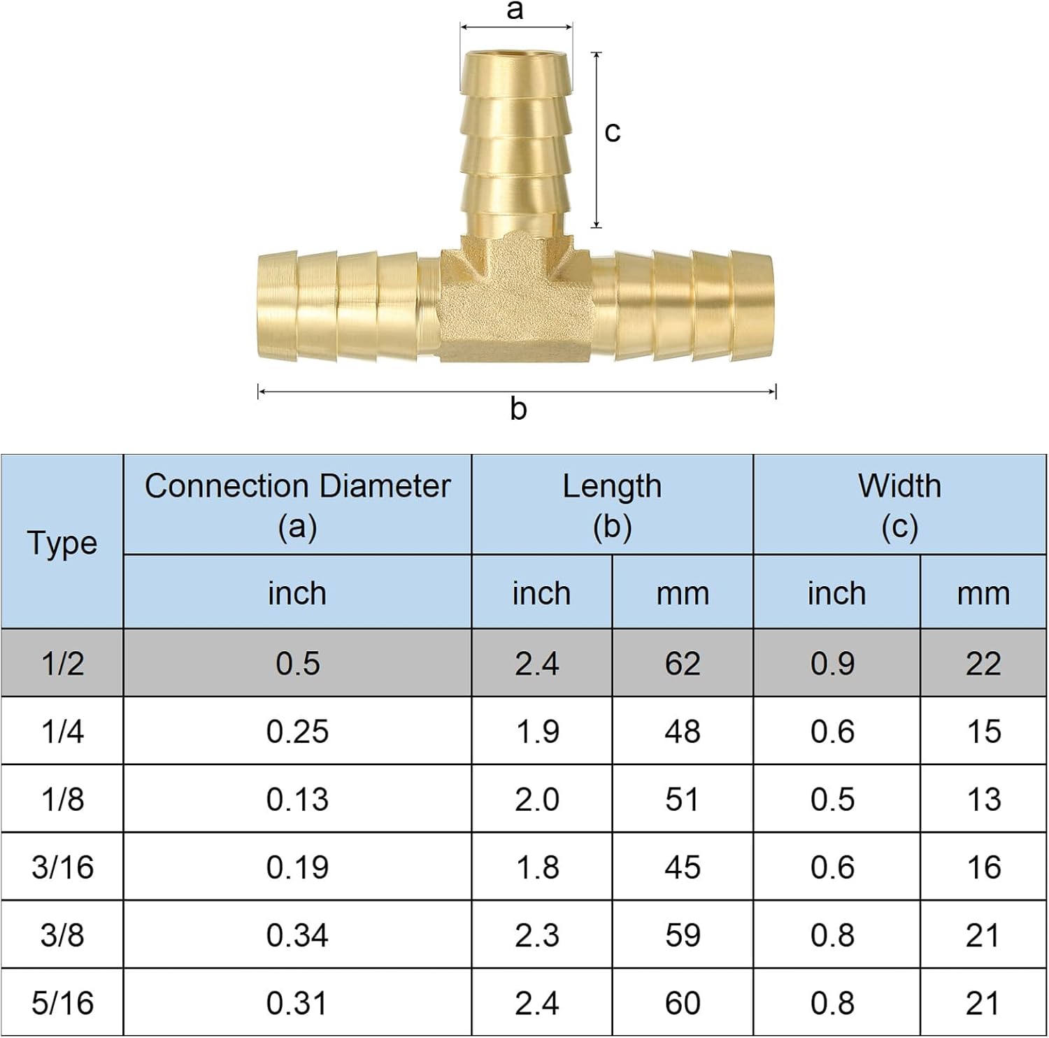 PATIKIL 1/2" Barb Tee Fitting, 20 Pcs 3 Way Union T-Shaped Brass Hose Barbed Fittings Intersection for Water Fuel Air Oil Gas
