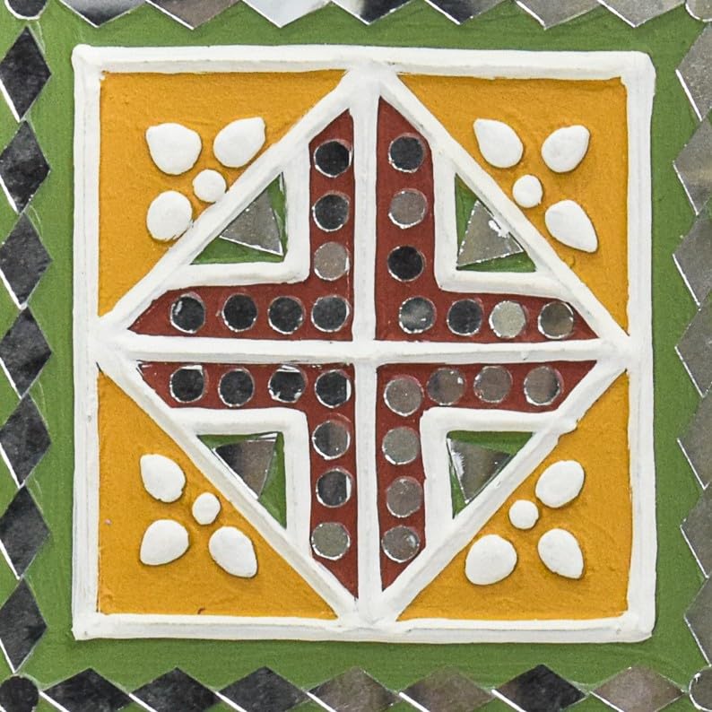 Image of Ethnics of Kutch Traditional Kutch Handicraft Mud-Mirrorwork Lippan Kam Wall Art (Water and Break Resistant) - Square (12 inch x 12 inch) - (Black LKT-0269)