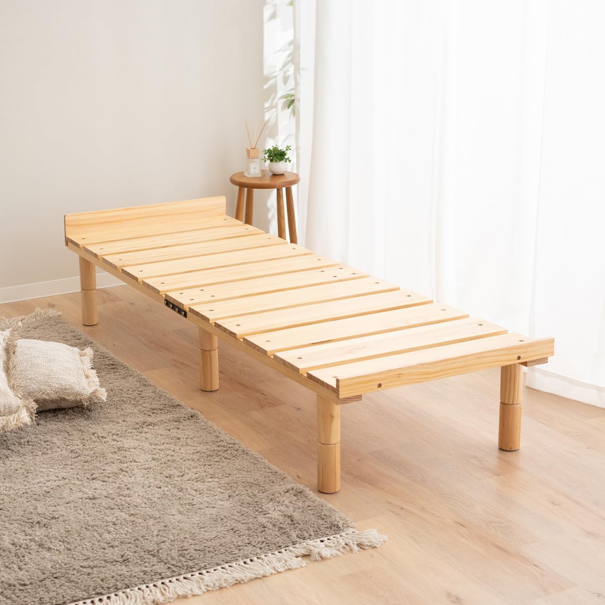 EMOOR Wood Slatted Floor Bed Frame OSMOS Daybed (26x73in) for Japanese Futon Mattress Solid Pine (Earth-Natural), Height Adjustable (2/7/12in) Tatami Mat