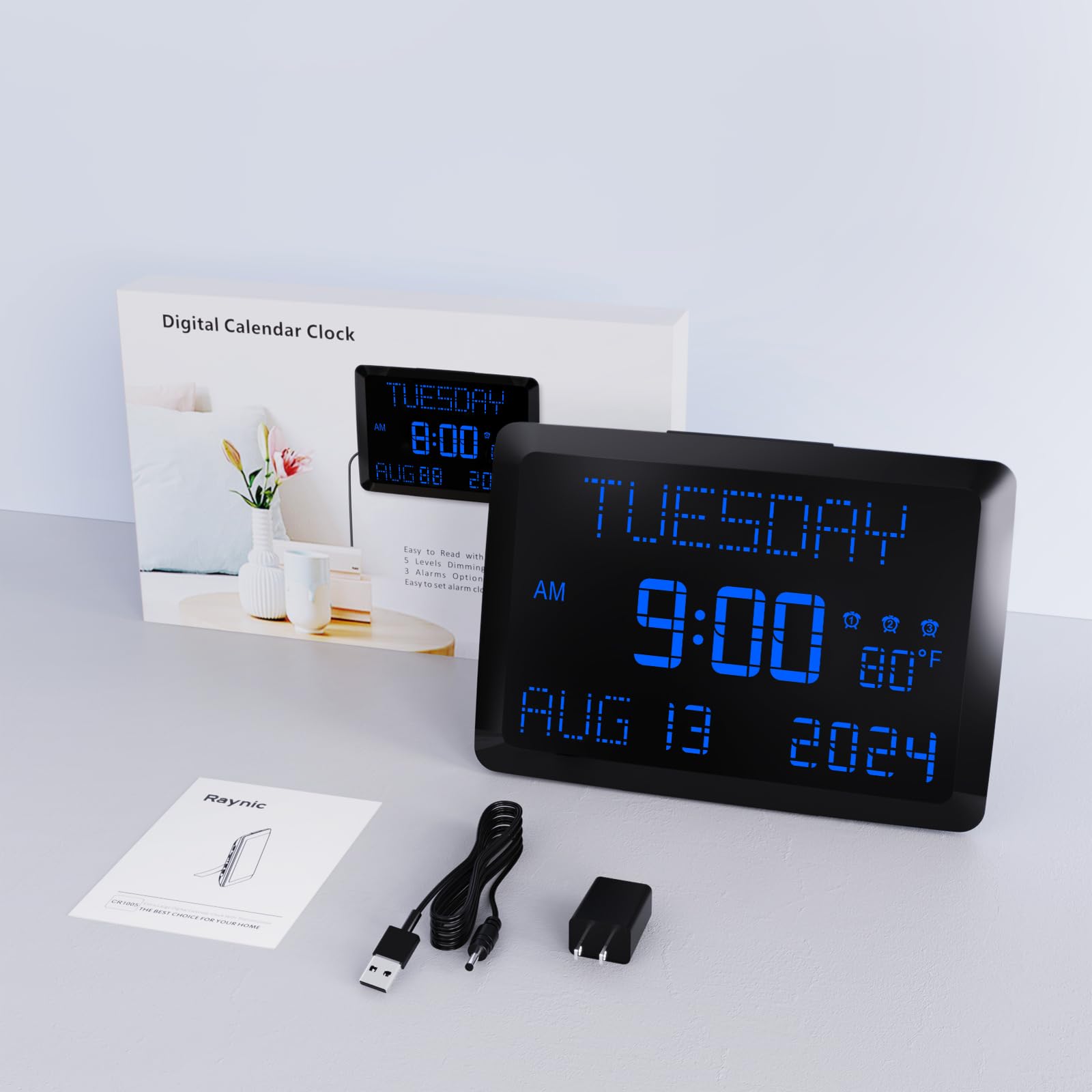 Raynic - Orologio da parete digitale con ampio display da 11,5 pollici, orologio con calendario regolabile luminosità con giorno e data, temperatura interna, ripetizione, 12/24 ore, DST per la casa,