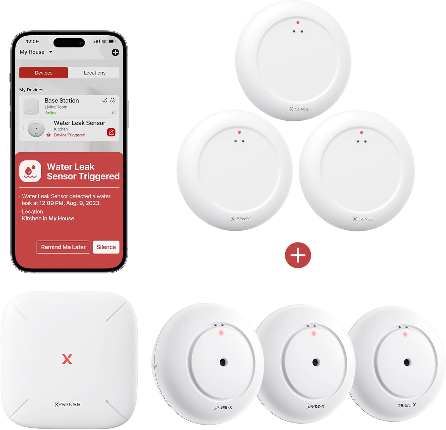 Image showing the X-Sense SBS50 Base Station and multiple SWS51/SWS0A water leak detectors, along with a smartphone displaying a 'Water Leak Sensor Triggered' notification.