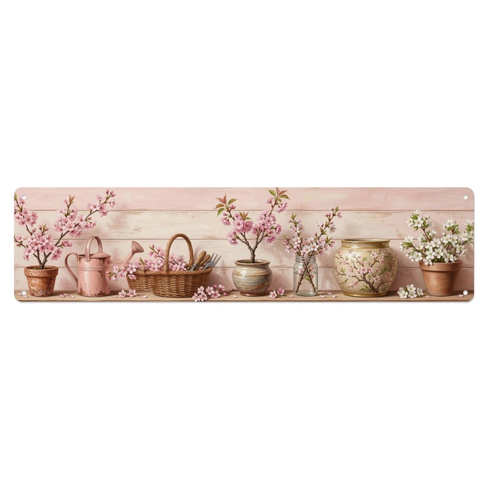 Fqnyr Style Metal Tin Sign Garden Tools Vintage Cherry Blossom Spring Pattern
