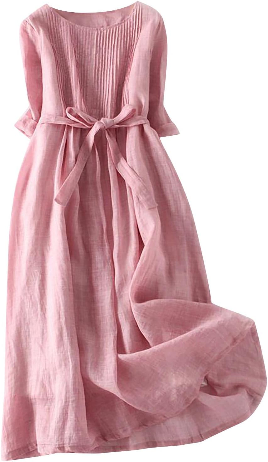Vintage Linen Dresses for Women UK Cotton Linen Maxi Dresses Lace Up Round Neck Half Sleeve Dress Pleated Boho Beach Holiday Dresses Summer Casual Tunic Dress Elastic Waist Tie Long Dress