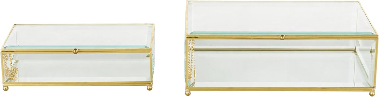 Deco 79 Glass Decorative Jewelry Box Beveled Jewelry Organizers with Gold Metal Frame and Chain Accent, Set of 2 Jewelry Holder 10", 8"W, Clear