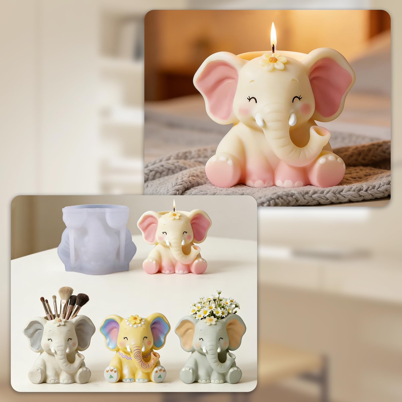 Moldes de silicona para fundición de velas, molde de silicona animales 3D, molde de silicona elefante, molde de fundición de silicona, portavelas, yeso, resina epoxi, moldes de silicona animales para