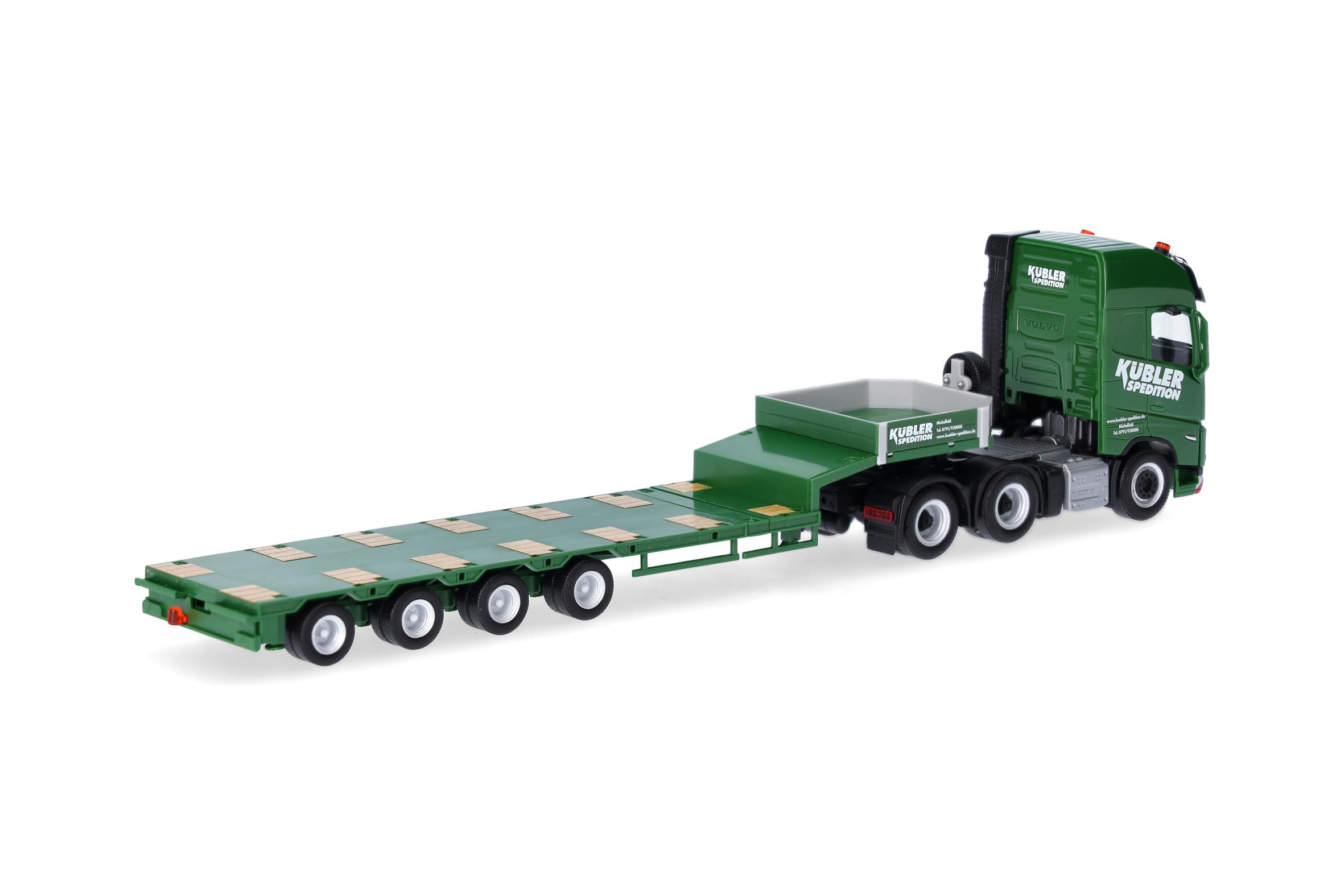 Herpa Model ciężarówki Volvo FH GL XL 2020 naczepa niskopodwoziowa "Kübler", miniatura w skali 1:87, kolekcjonerski, Made in Germany, plastik