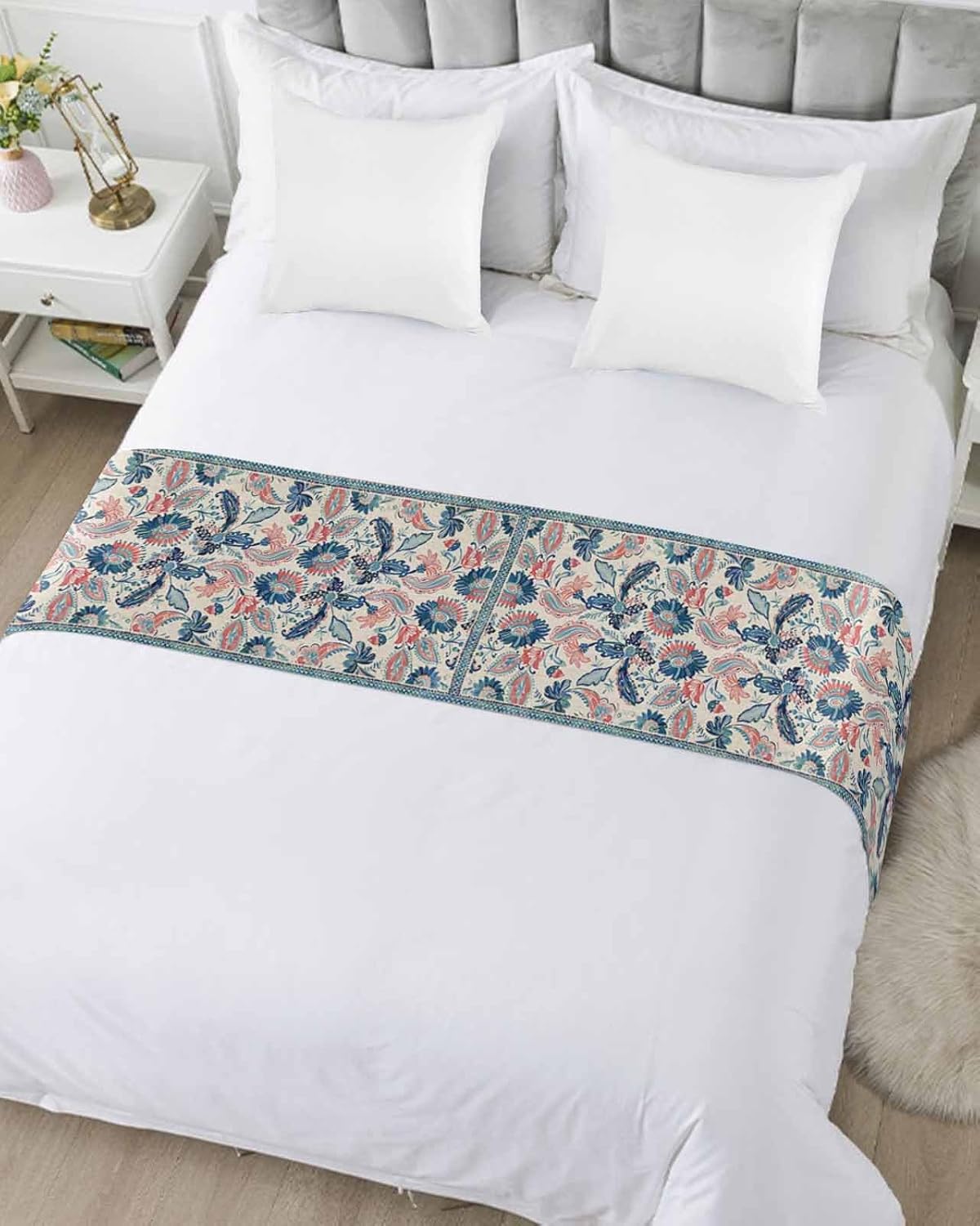 Abstract Paisley Flower Leaves Texture Bed Runners for Bedroom HotelDecorative Bedding Scarf Seamless Retro Floral Art Bed End Blanket Bedding Runner Scarves for Queen Size Bed,94x20in