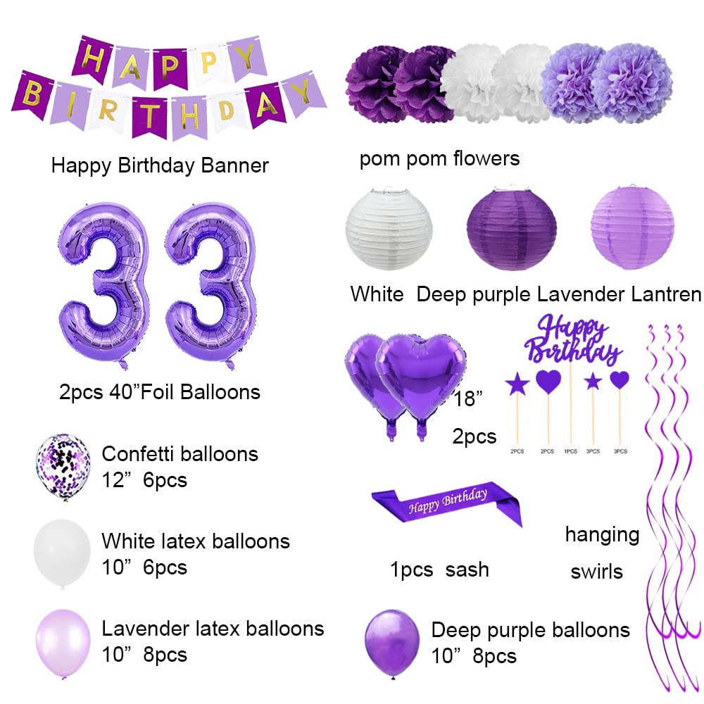 Santonila Purple 33rd Birthday Decorations Set: Happy Birthday Banner, Sash, Cake Topper, Balloons, Lanterns & More