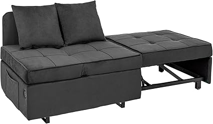 Sleeper Sofa Bed, Convertible 4-in-1 Pull Out Couch with 5 Adjustable Backrest, Modern Velvet Sofa with USB Ports & Storage Pocket (Includes Pillow) for Living Room, Bedroom,Apartment, Dark Grey
