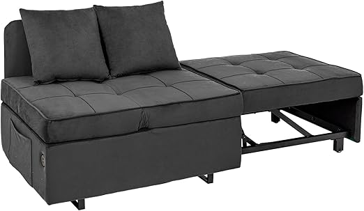 Sleeper Sofa Bed, Convertible 4-in-1 Pull Out Couch with 5 Adjustable Backrest, Modern Velvet Sofa with USB Ports & Storage Pocket (Includes Pillow) for Living Room, Bedroom,Apartment, Dark Grey