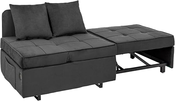 Sleeper Sofa Bed, Convertible 4-in-1 Pull Out Couch with 5 Adjustable Backrest, Modern Velvet Sofa with USB Ports & Storage Pocket (Includes Pillow) for Living Room, Bedroom,Apartment, Dark Grey