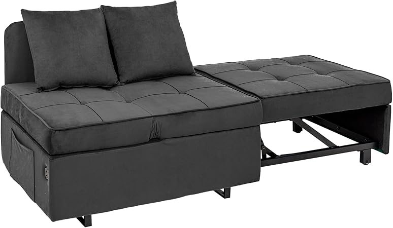 Sleeper Sofa Bed, Convertible 4-in-1 Pull Out Couch with 5 Adjustable Backrest, Modern Velvet Sofa with USB Ports & Storage Pocket (Includes Pillow) for Living Room, Bedroom,Apartment, Dark Grey
