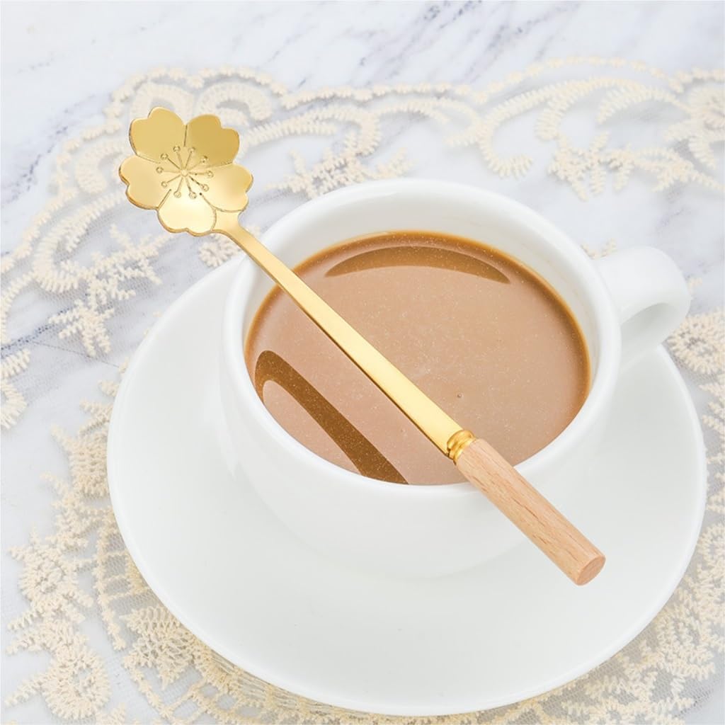 Spoons 4-Piece Wooden Handle Stainless Steel Cherry Blossom Spoon Rose Spoon Coffee Stirring Spoon Dessert Spoon Tea Spoon