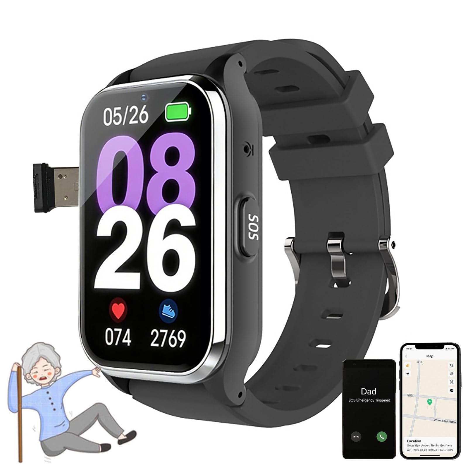 ZHZWwansuGE Smartwatch, Fall Detection, SOS Calling, GPS Tracking Anti-Loss Wristband, 1.6″ HD Video Calling, Multi-Language Support, Designed Specifically For The Elderly Silver