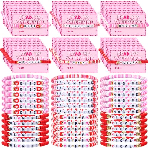 Ferreve 120 Pcs Valentine's Day Bracelets with Cards 60 Set Valentines Exchange Gifts Friendship Stackable Stretch Beaded Clay Bracelets Bulk for Lovers Friends Party Favors
