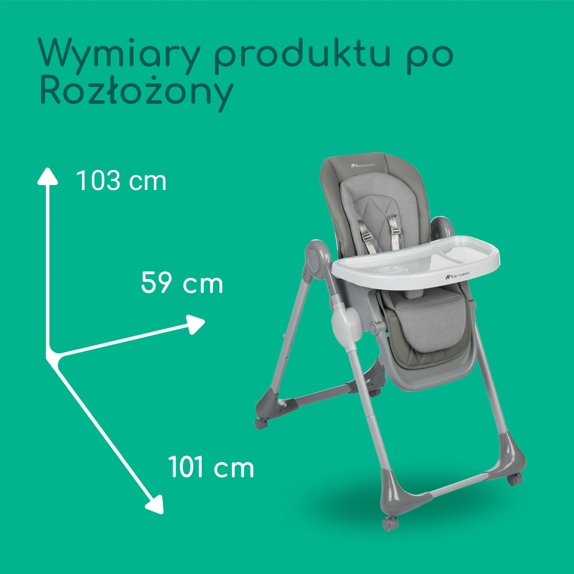 Bebeconfort Olea, Wysokie krzesełko, 0–3 lata, do 15 kg, Regulow. wysokie krzesełko, 9 wys. i 3 poz. odchylenia, Łatwe czyszczenie, Łatwe przesuwanie z 4 obrotowymi kółkami, Składane, Tinted Grey