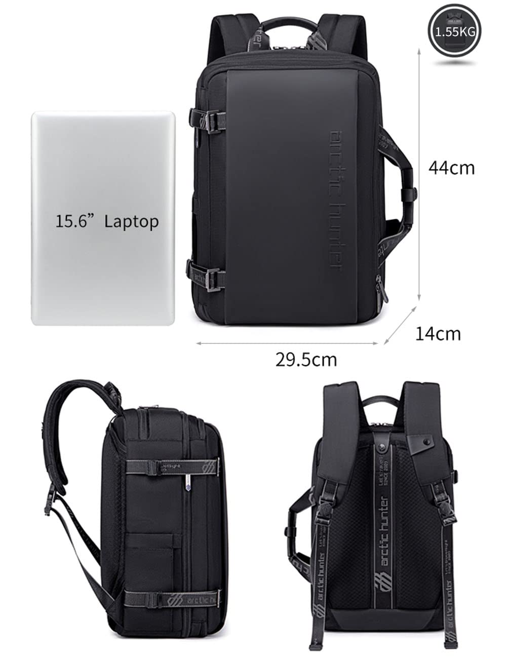 Arctic Hunter, Zaino da Viaggio e Lavoro Uomo e Donna 18 L Espandibile, Resistente all'Acqua, Scomparto Laptop da 15,6", Fascia per Trolley, Custodia Accessori Inclusa, 44x29,5x14 cm, Nero