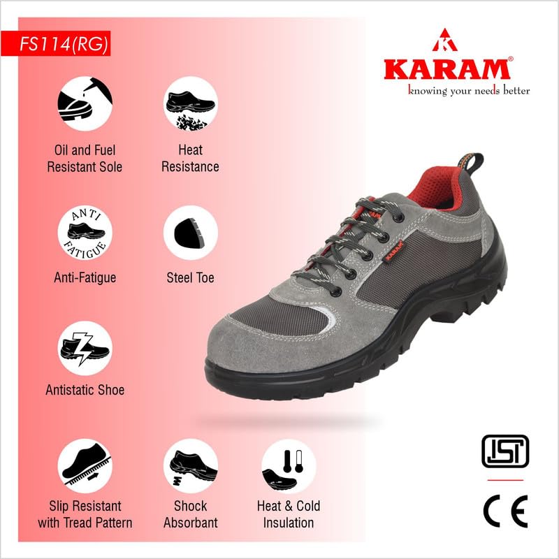 Image of KARAM FS114 Grey Suede Leather Safety Shoes for Men Lightweight | Single Density | Steel Toe Cap | Oil & Heat Resistant, Antistatic, Antislip | Size-07