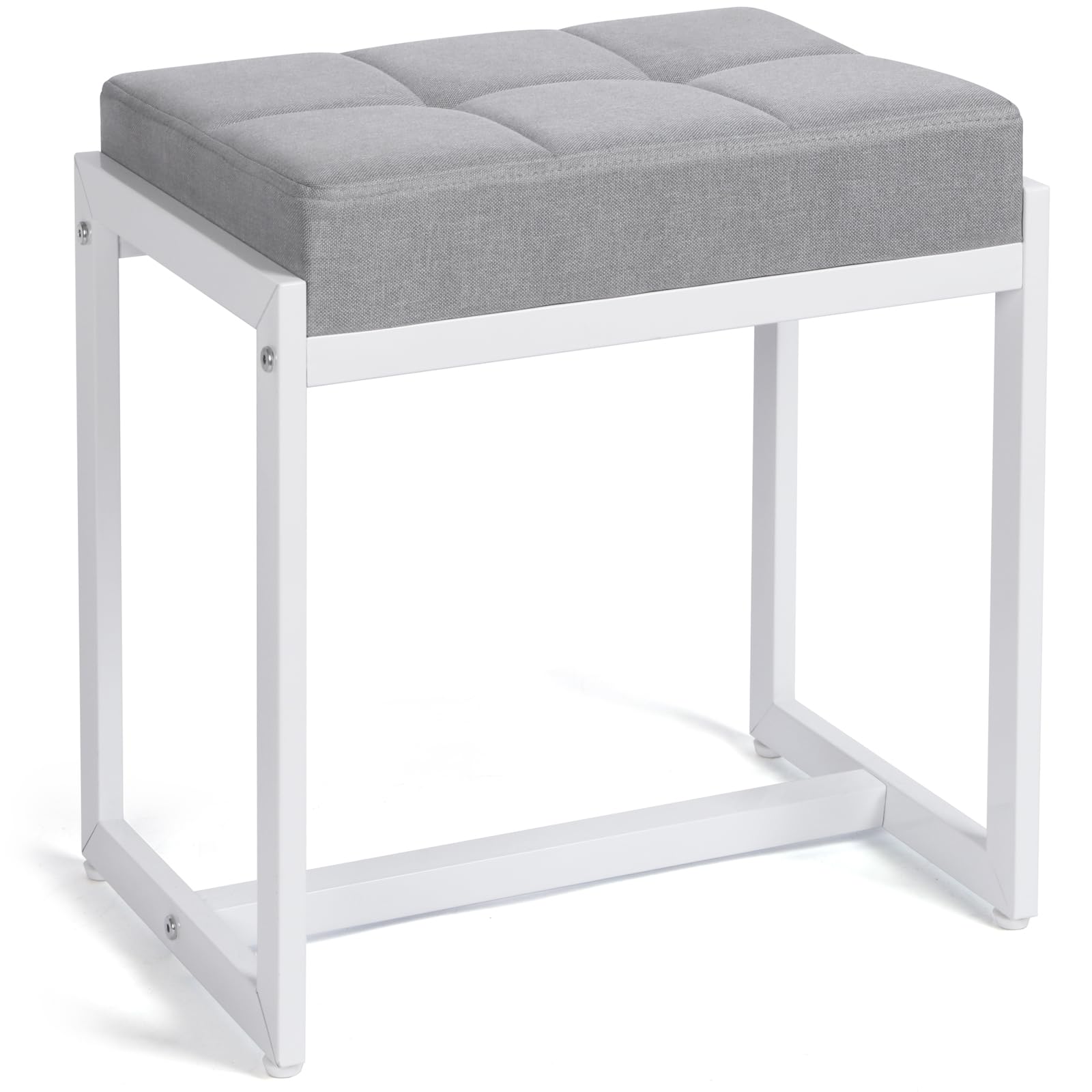 Sgabello da trucco, piccolo shocker, in lino con struttura in metallo, sgabello quadrato ottomano, poggiapiedi per soggiorno, camera da letto, ingresso, moderno sgabello grigio e bianco