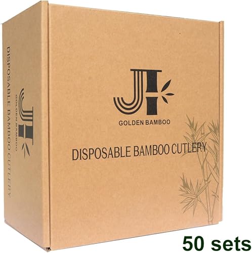 Miniatura 3 de Utensilios desechables de bambú, 50 juegos tenedor + cuchara juegos envueltos individuales, cubiertos 100% compostables de una sola porción,
