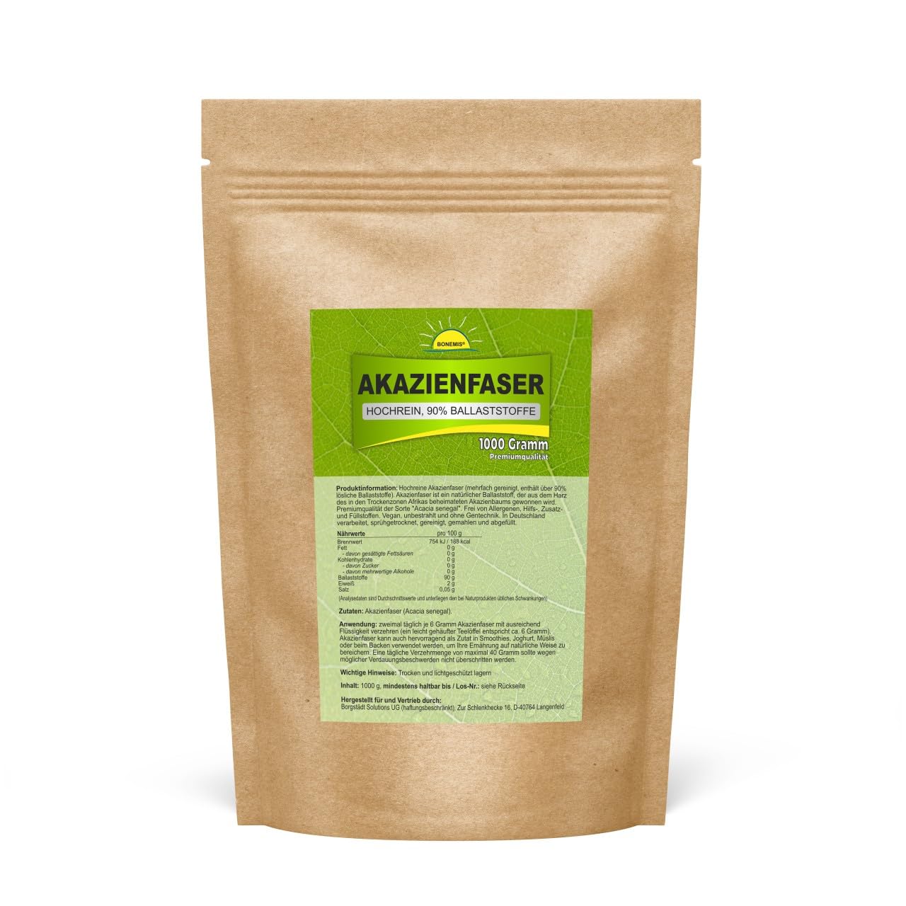 Akazienfaser, mehrfach gereinigt, über 90% Ballaststoffe, hochreine Premiumqualität ohne Zusätze, 1 kg Beutel