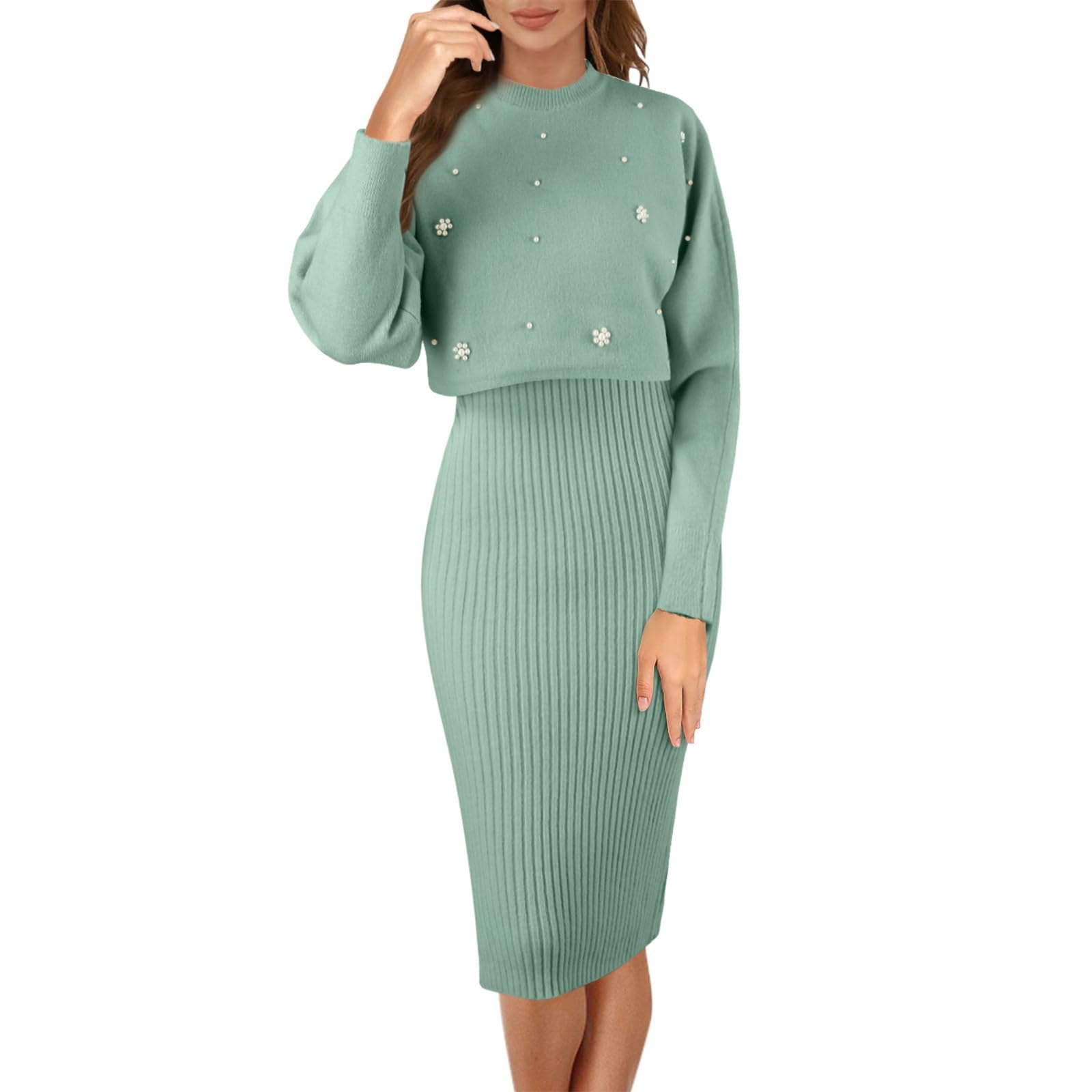 Fulidngzg Strickkleid Damen Herbst Winter 2 Teiler Sweater Kleid Pullikleid Warm mit Pullover Winterkleider Schnitt Grobmaschig Zweiteiler Party Outfit Enges Herbstkleid