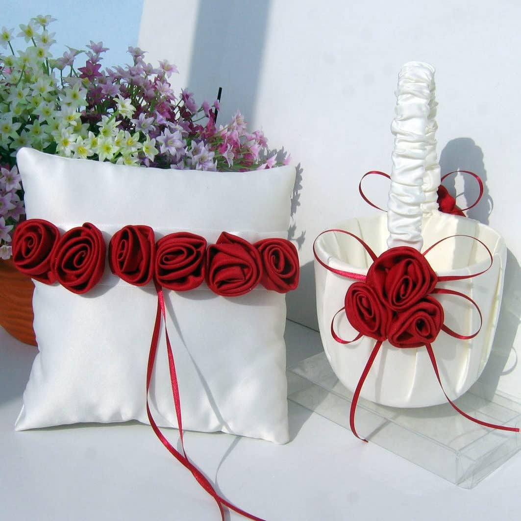 JSEIAJB Wedding Basket Satin Cloth Flowers Bridal Flower Girl Basket Pillow Wedding Supplies Decoration