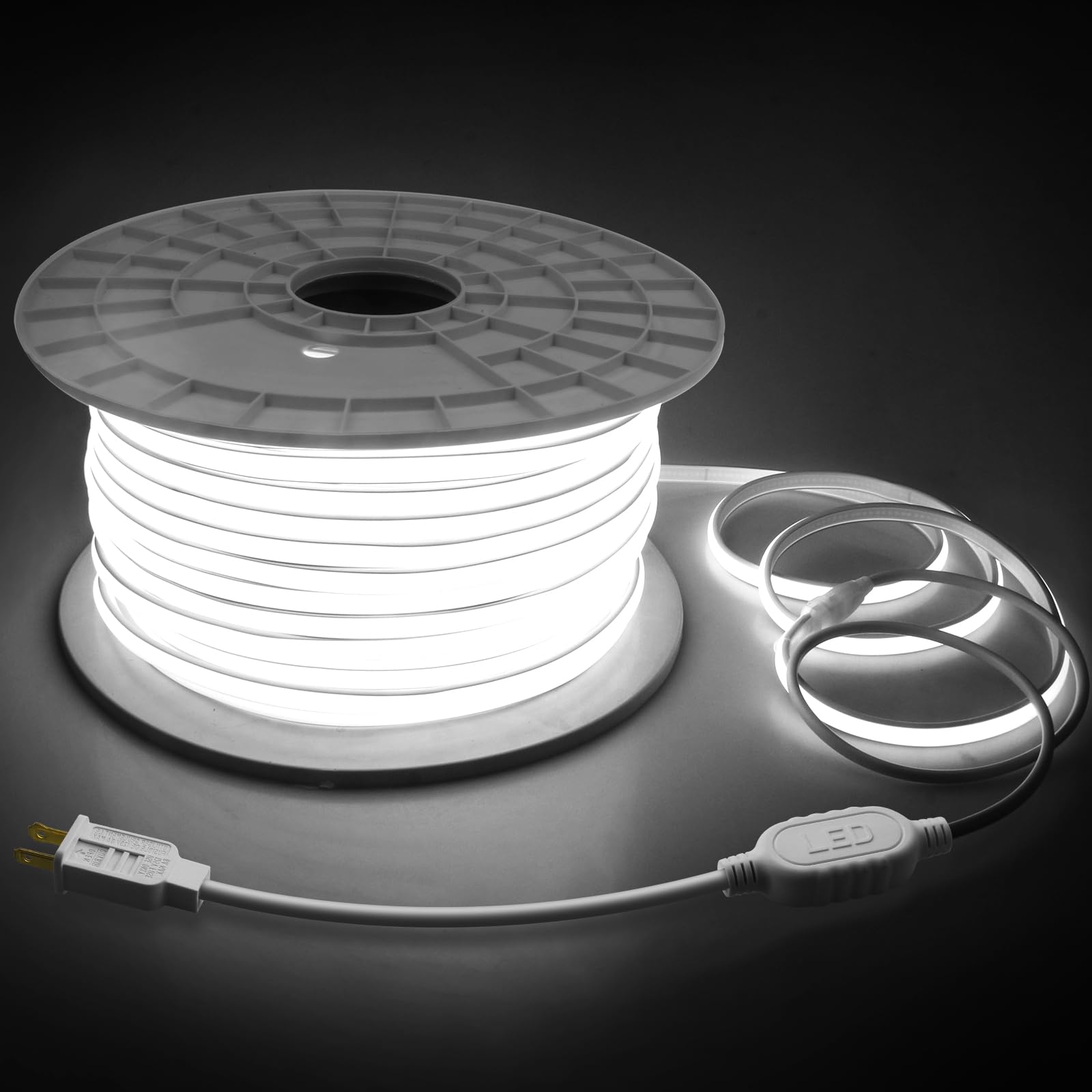 Samsion 90M Outdoor COB Led Strip Lights Waterproof 300FT 1 Roll Soft 120V High Voltage Led Rope Light Plug in Daylight White 6000K 288Leds/M Dotless